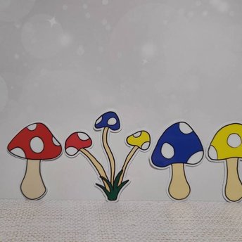 Red, Yellow, Blue Mushroom Stickers, Plus Triple Mushroom